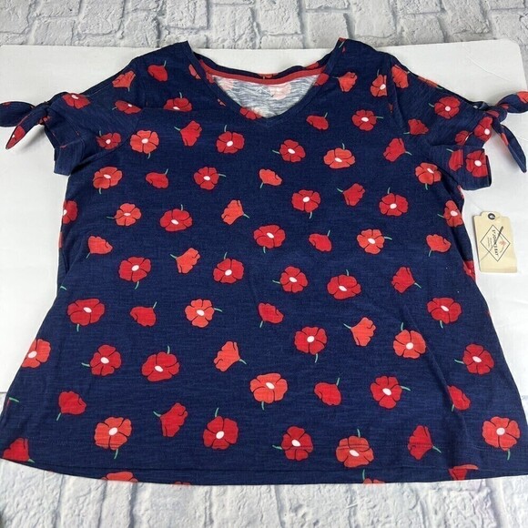 St John's Bay Navy Floral Blouse M Cold Shoulder , ￼ Shoulder Ties￼ Short Sleeve - Picture 6 of 10